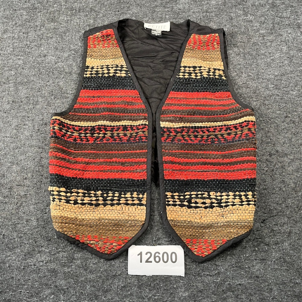 Petite Sophisticate Vest Womens Small Multicolor Striped Boho Leather V Neck